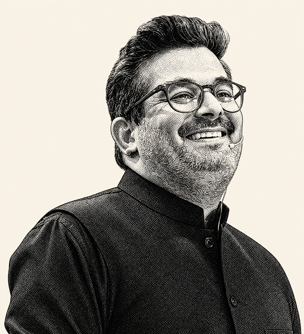 Halftone portrait of Bilal Hameed teaching Chemistry on stage