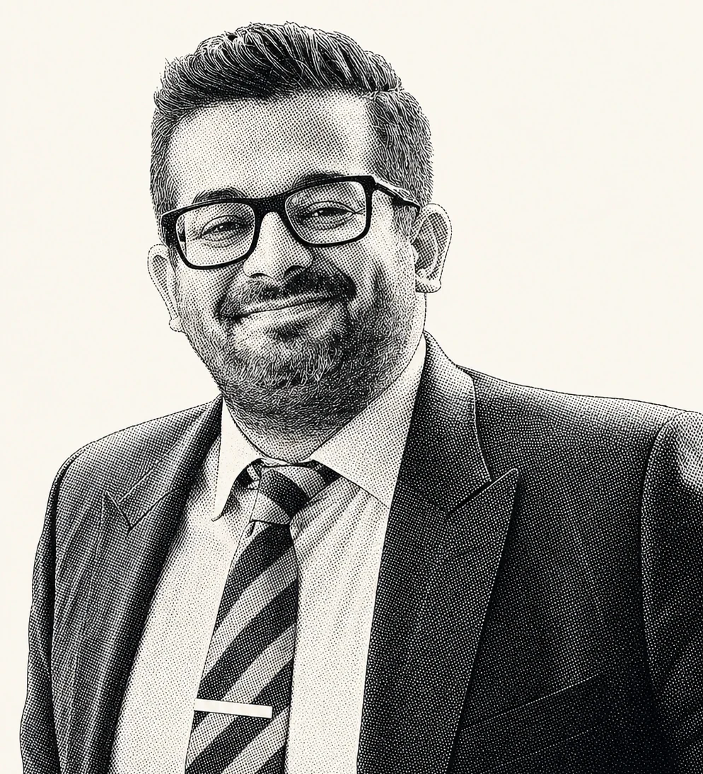 Halftone portrait of Bilal Hameed in a suit and striped tie